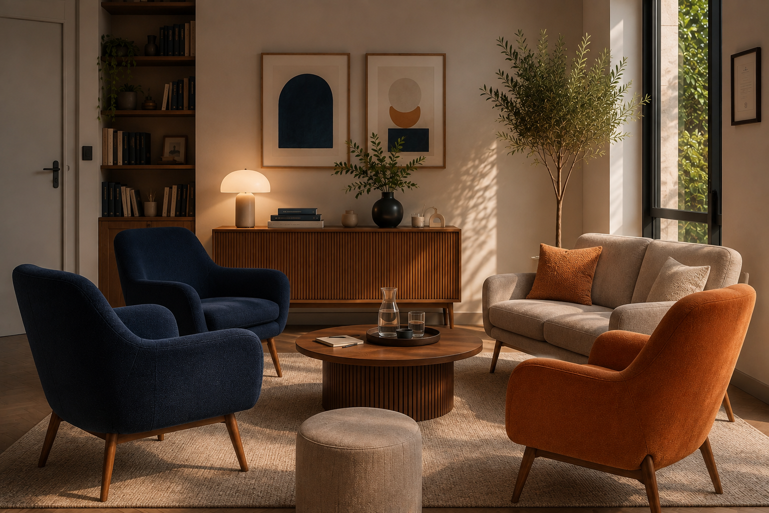 Le cabinet Entre-Soi(s) : deux fauteuils bleu nuit, un fauteuil terracotta, un canapé et un pouf autour d'une table basse ronde, dans une pièce lumineuse.